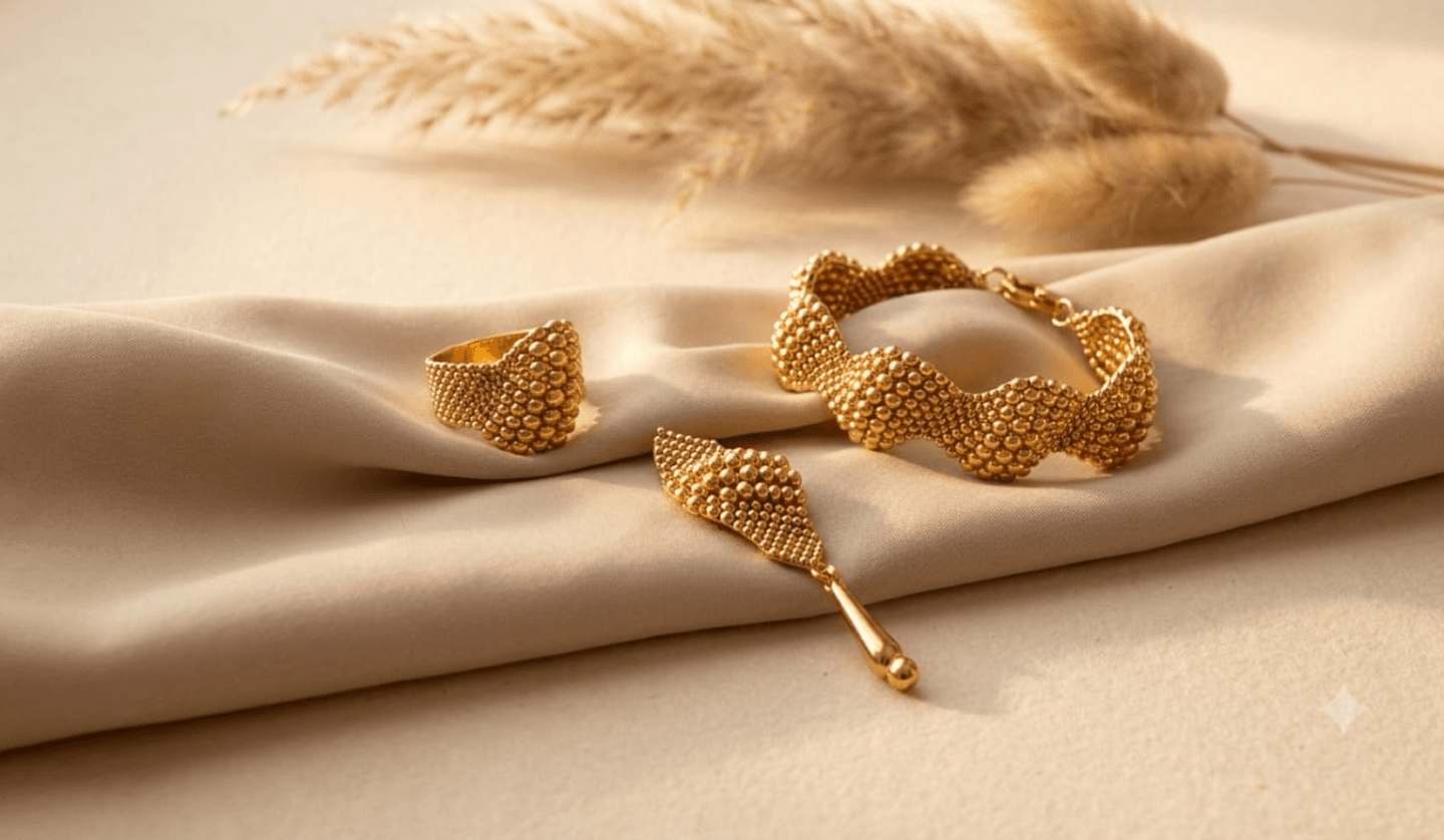 Vera Fine Jewelry Collection — Handwoven gold bracelet, ring, and earring on silk